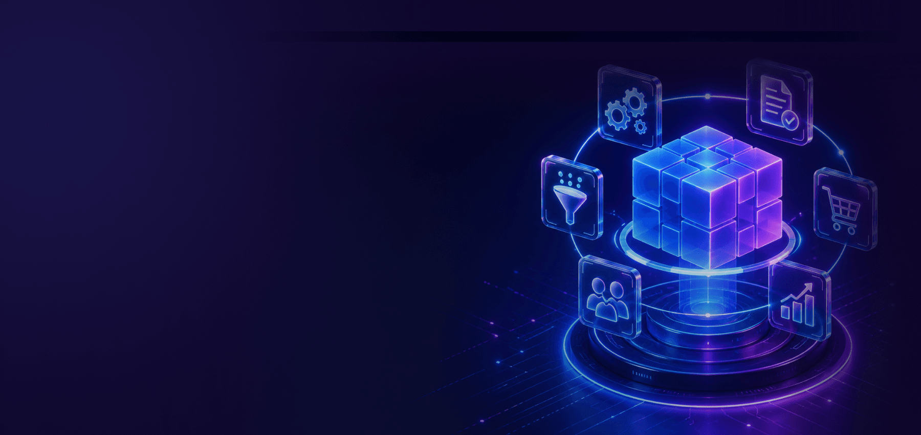 Glowing 3D cube surrounded by configure, price, and quote icons