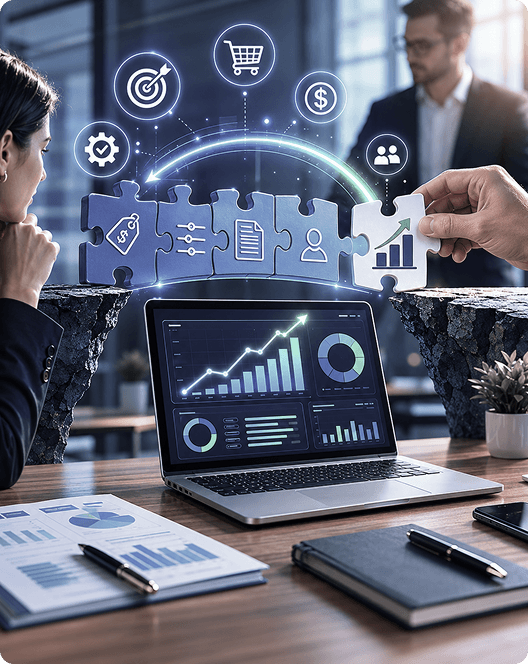 Team connecting puzzle pieces above a laptop showing revenue dashboards
